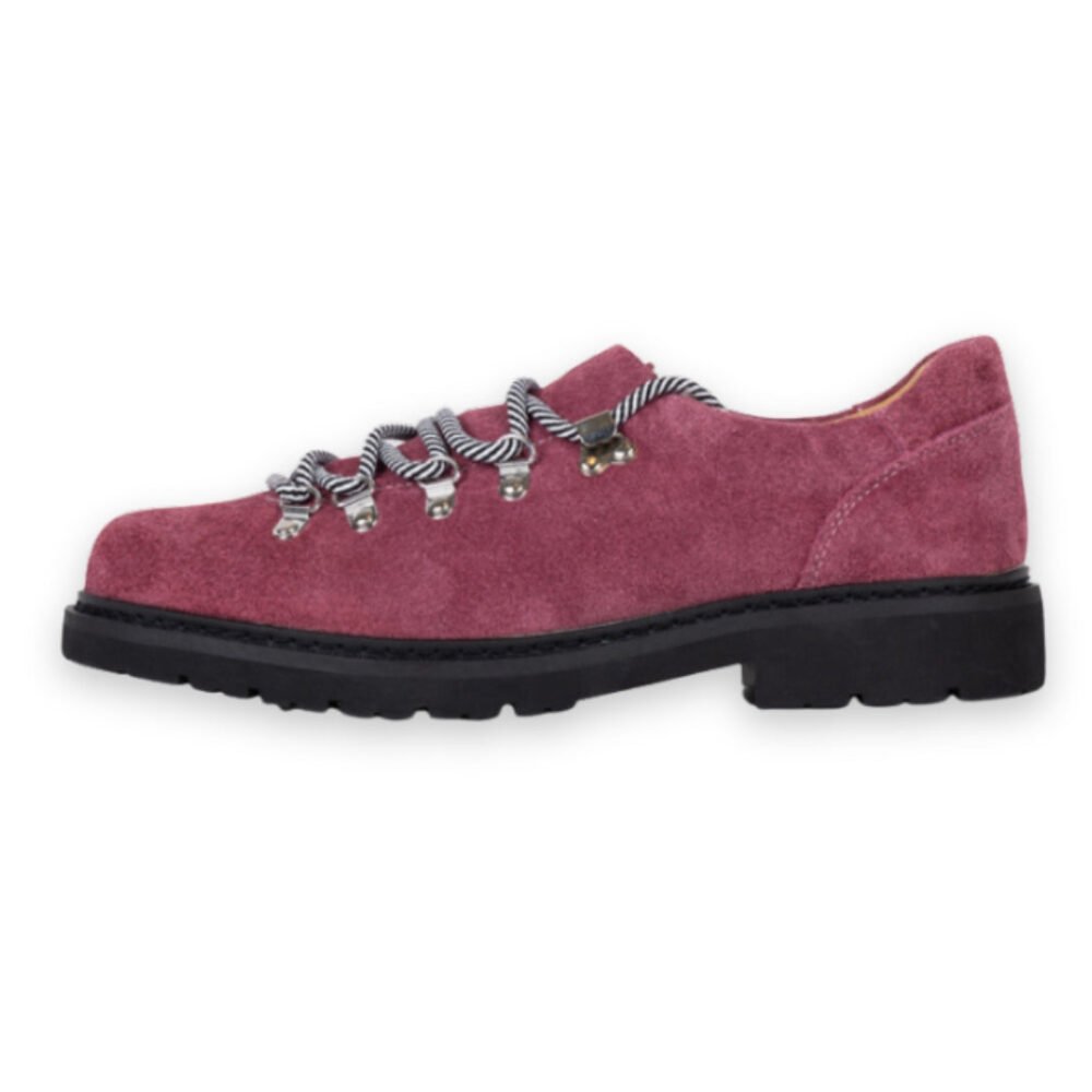 Scarpe Derby Dolveio in suede rosa con lacci a righe nere e bianche e suola in gomma antiscivolo