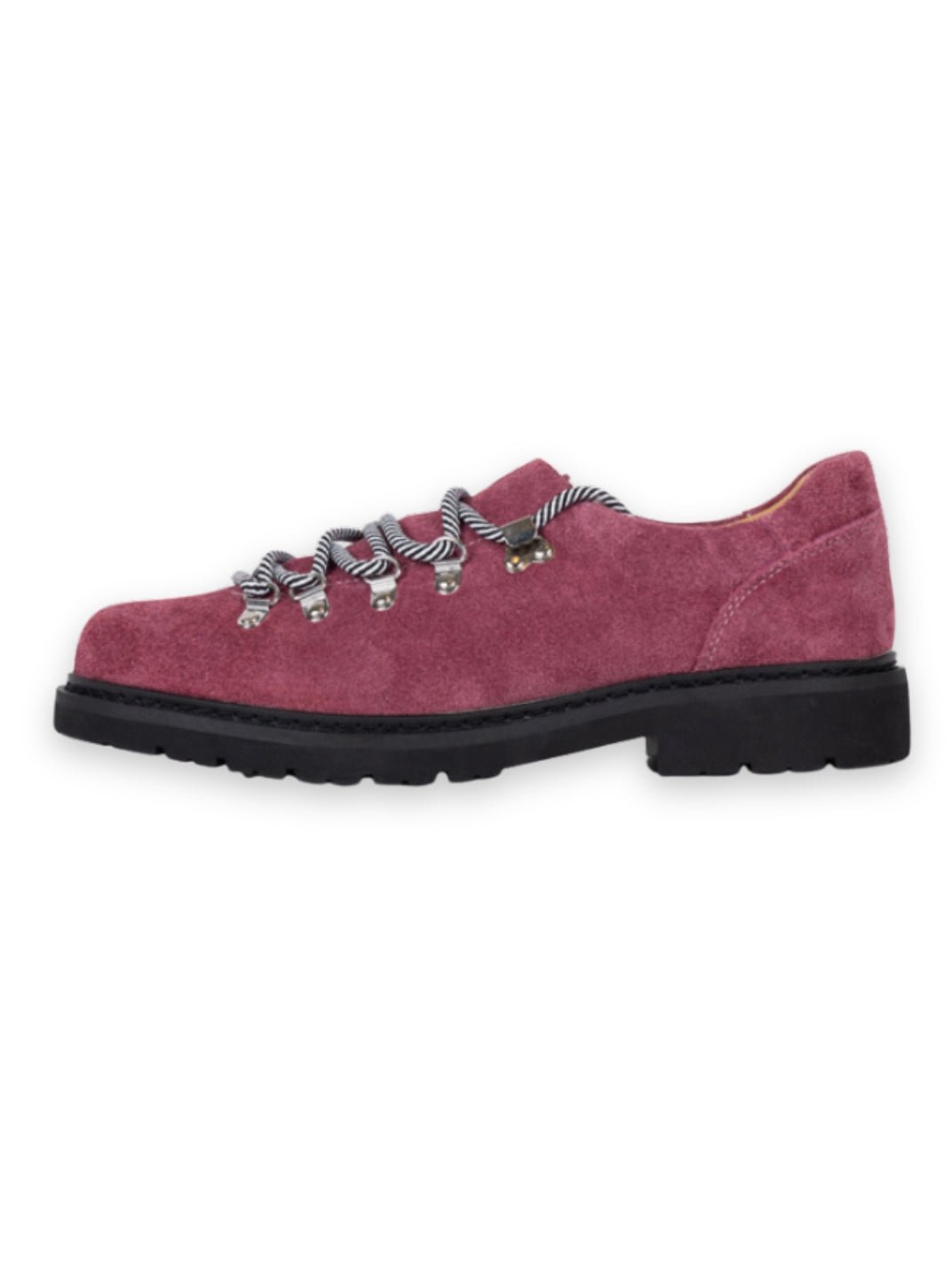Scarpe Derby Dolveio in suede rosa con lacci a righe nere e bianche e suola in gomma antiscivolo