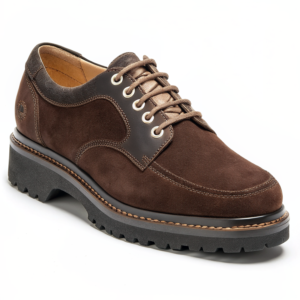 Scarpe Derby Dolevio marrone scuro in camoscio con suola in gomma antiscivolo, vista tre quarti